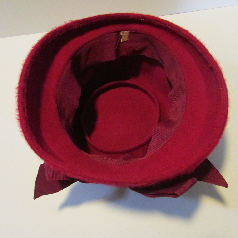 vintage women's magenta faux fur bucket hat with ribbon band and bow size 18 - Picture 5 of 7